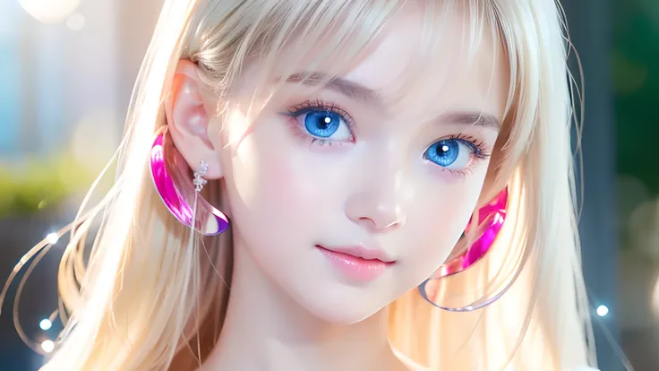 A very white and beautiful baby-faced girl、A beautiful girl、Portrait、Blue Sky、Bright and beautiful baby face、Young, shiny teen skin、Super white shiny skin、The ultimate beauty、Super long blonde hair with dazzling light reflections、Beautiful natural platinum...