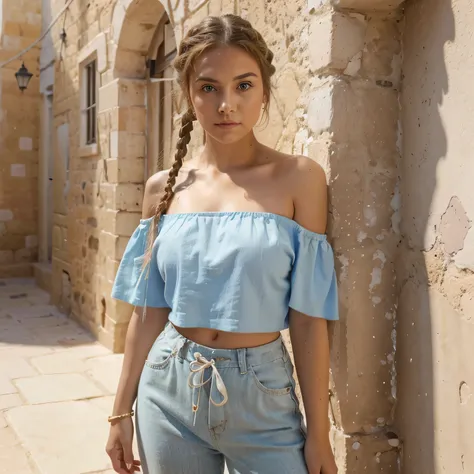 A beautiful young woman on Gozo Island, wearing an off-shoulder top and high-waisted pants in pastel colors, with a loose braid hairstyle, looking directly at the camera with detailed beautiful eyes, showcasing her sexy figure, full body shot