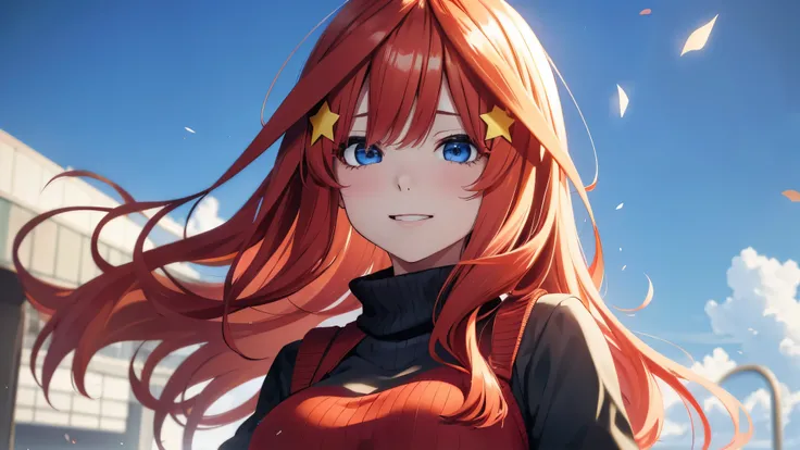 Beautiful girl is happy and looking at the viewer, nakano itsuki, red hair, long hair, star hair ornament, ahoge, red sweater, saia verde, sorriso leve, medium breasts, uniforme escolar, pose fofa,anime, (itsuk Nakano), (Gotoubun no Hanayome),master part,8...