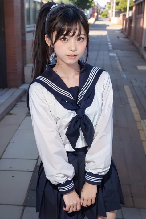 sailor suit, 8k, highest quality, masterpiece, Super detailed, ultra high resolution, realistic, RAW photo, absolute resolution, face is small compared to body, very small face, black hair, navy blue sailor uniform, Dark blue skirt, 3D rendering, realistic...