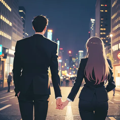 Back view of a couple in suits walking together through the city at night