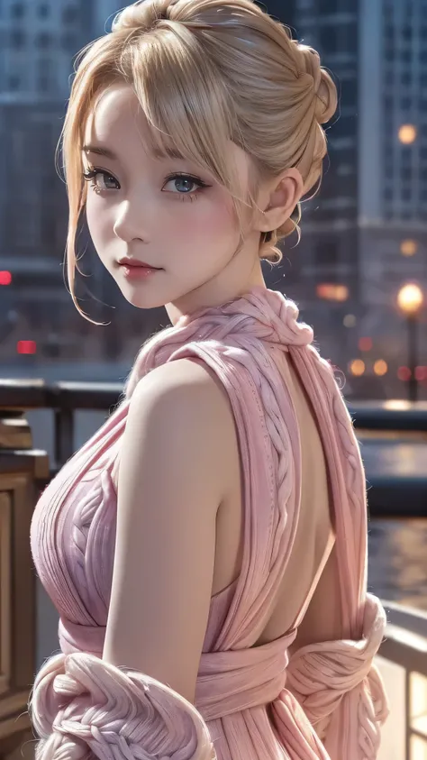 (chignon:1.5), (Blonde with pink inner color), beautiful shining eye color, masterpiece, highest quality,(realistic: 1.4),ultra high resolution, unity 8k, (beautiful and fine eyes:1.6),symmetry, highly detailed face, perfect lighting, (perfect hands, perfe...