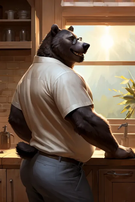 solo, anthro, grizzly bear, male, overweight, mature male, photorealistic, hyperrealistic, ultra detailed, standing, by taran fiddler, by oak, big paws, khaki slacks, standing, kitchen background, chubby, back 3/4 view, summer shirt, mustache, bushy eyebro...