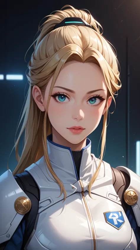 blonde hair, blue eyes, updo hair, perfect face, close-up. female in a futuristic red mecha armor. iron plated armor, brown hair, green eyes, full body, wide shoulders, awesome armor, detailed, female cyberpunk character scientist, perfect eyes, perfect fa...