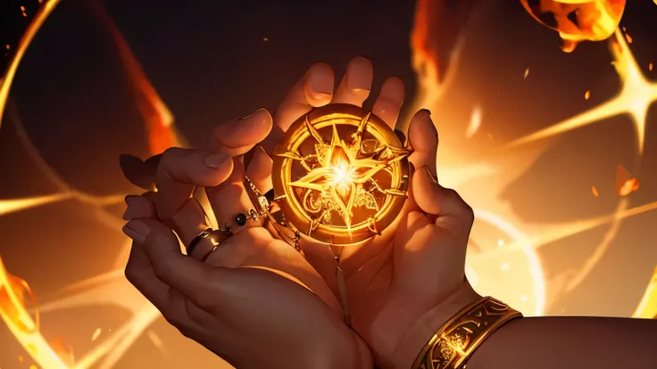  A close-up of the Ring being consumed by flames, with elven symbols and an intense light shining around it.
