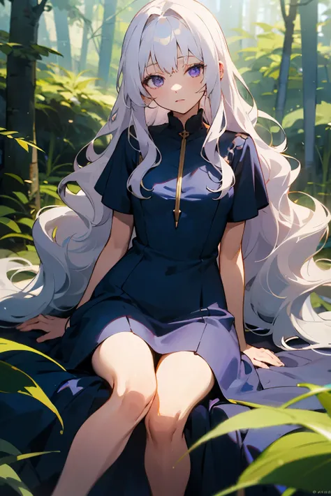 Beautiful anime girl with long wavy white hair, long navy blue dress, purple eyes, sitting in the middle of a forest