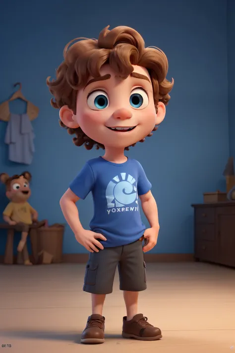 create a little Pixar-style Italian boy with curly blond hair and blue eyes, make him with the dark blue t-shirt, create him full body 