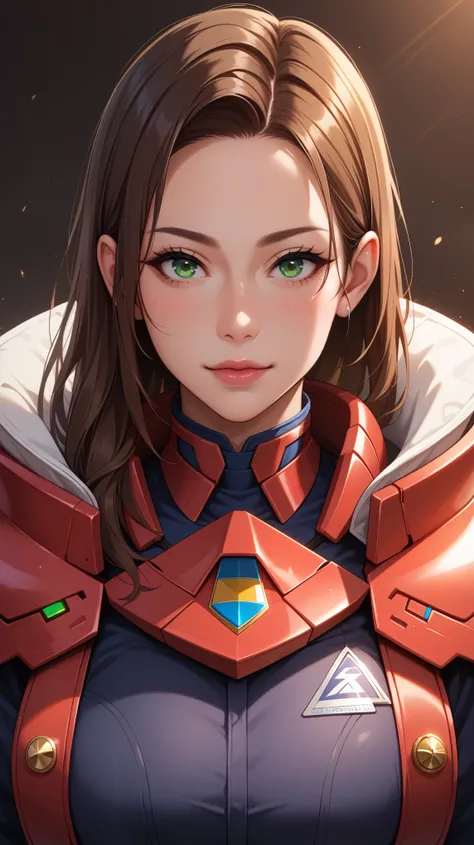 perfect face, close-up. female in a futuristic red mecha armor. iron plated armor, brown hair, green eyes, full body, wide shoulders, awesome armor, detailed, female cyberpunk character scientist, perfect eyes, perfect face, close-up. Score_9, Score_8_up, ...