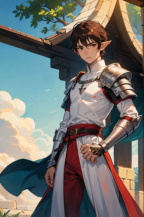 A 16-year-old teenage boy, a boy swordsman, wears a sword, light skin tone, without a beard, without a goatee, no facial hair, no body hair, brown hair color, straight hair, pointed ears, elf ears, medieval knights silver armor, red clothes, red clothes