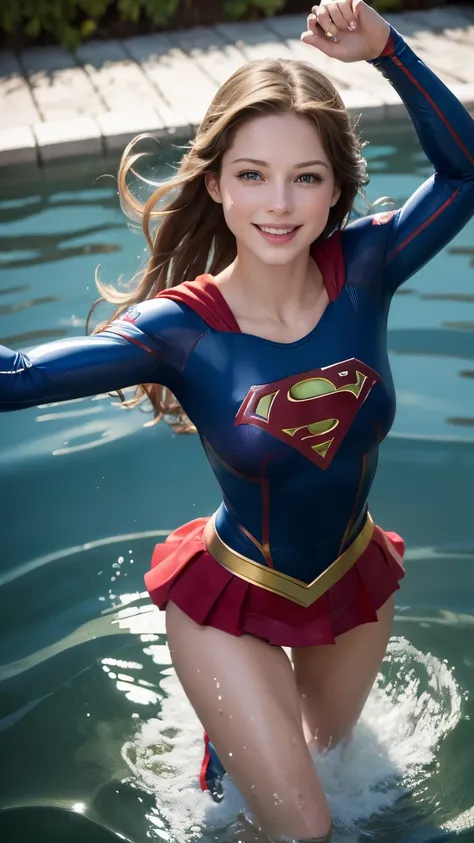 Ultra High Definition, ultra realistic, masterpiece, Melissa Benoist, with supergirl costume, rubio, in the water, Blue eyes, perfect body, delgado, breasts, professional lighting, smiling, sexy, provocative pose