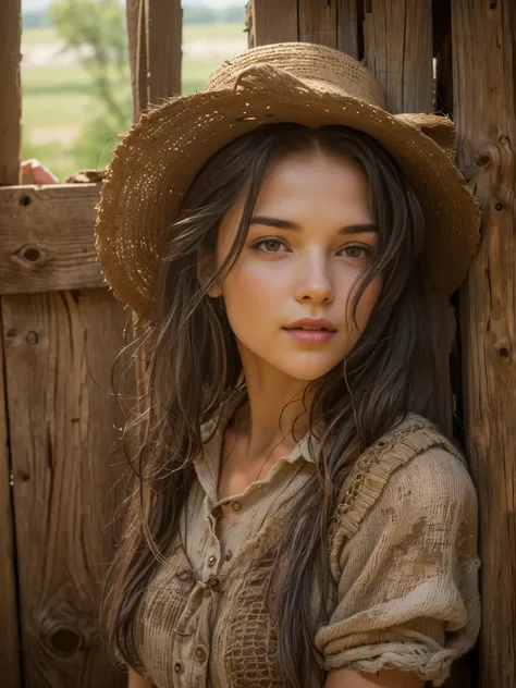 top quality, ​masterpiece, ultra-high-definition, (real: 1.4), farm girl in the barn, rustic clothing, adorable, jenya.d