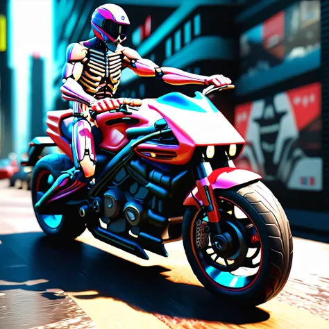 a skeleton biker riding a cyberpunk motorcycle,hyper realistic,3d,symmetrical,highly detailed,vivid colors,best quality,4k,maste...