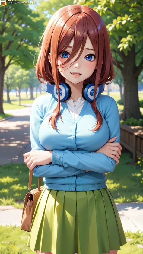 best quality, Nakano Miku, brown hair, hair between eyes, Blue cardigan, headphones, green skirt, school uniform, big breasts, light smile, Best Anime 4K Konachan Wallpaper, 4K anime style, official art, high quality anime art, 4k anime wallpapers ((master...