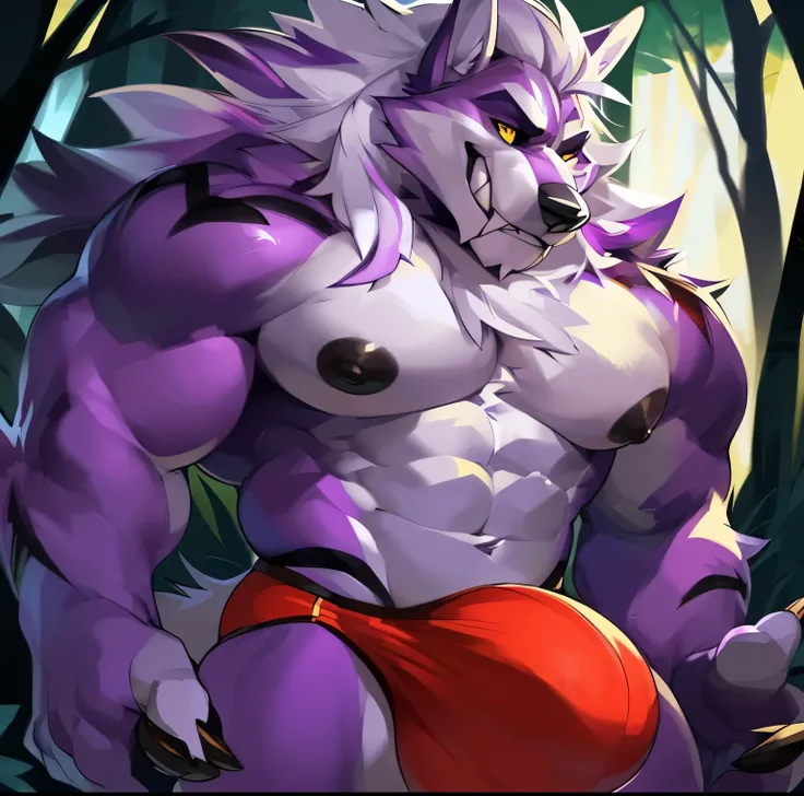 Solo, anthro, male (((werewolf, wolf, yellow eyes, black sclera, broad shoulders, muscular, purple body, purple fur, white fur, purple hair, white hair streak, long snout, big mane, black nose, huge pecs, abs, clawed hands, black nipples, fangs, sharp teet...