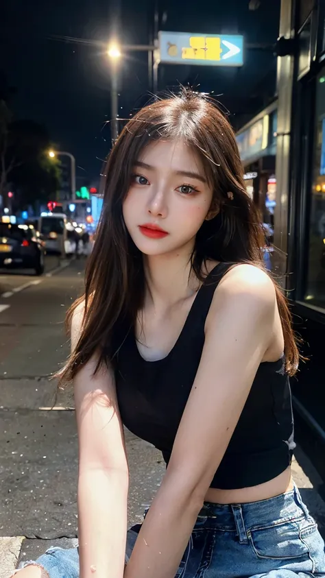 (Masterpiece, best quality, highres, ultra detailed), a young girl, 25 years old, long brown hair, thin face, blue eyes, lying silkworm, medium breasts, crop long sleeveless, black denim pants, ((perfect body, perfect anatomy)), naughty girl, random pose, ...
