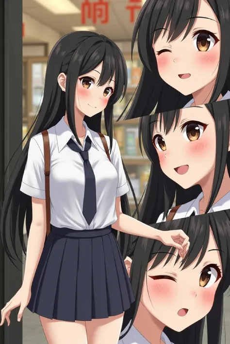 the picture was drawn by an anime girl looking at her bulge, 1girl, underwear, panties, vibrator, vibrator under clothes, skirt, blush, necktie, long hair, sex toy, pussy juice, vibrator under panties, one eye closed, black hair, school uniform, bag, multi...