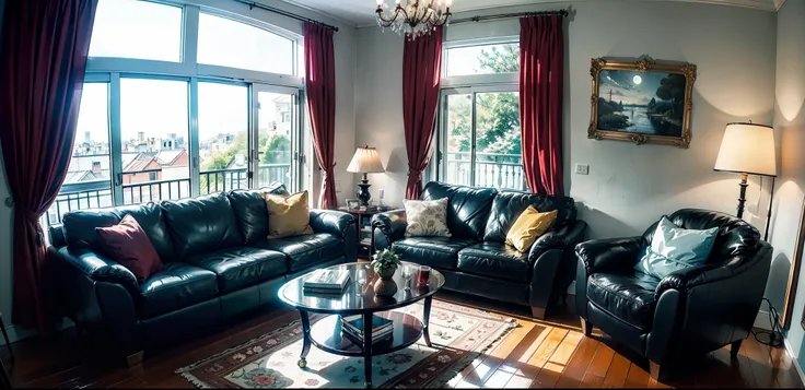 "A luxurious Argentine living room at night, drawn in anime style. The room features elegant wooden furniture, a large leather sofa, and a classic coffee table with wine glasses on it. There are paintings and family photos on the walls, a big window with t...