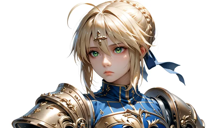 (masterpiece:1.2), (Absurd), (Detailed face),(Detailed eyes), (Best Quality) (Traditional Media:1.2)  , (White background), Upper Body, (Expressionless),  Artoria_Pendragon_(destiny), Things to know, armor, Blonde, Gauntlet, green eyes, hair ribbon, armore...