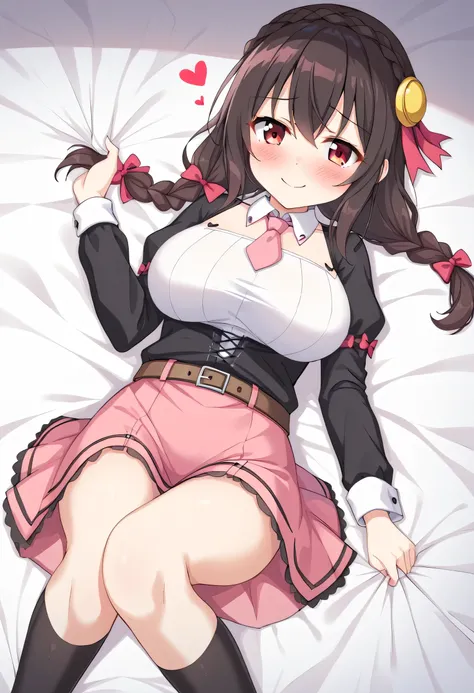 yunyun、masterpiece,Best Quality, High resolution,One person, Yunyun、My name is Yunyun, Crown braids in the same color as your hair, Black Hair、Red eyes、Hair Accessories, Hair Ribbon, Pink tie, Black long sleeve, Pink Skirt, Knee socks, belt, (Chest cut-out...