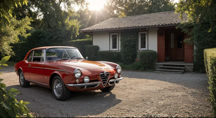 Alfa Romeo car from the 1960s, bright red with round headlights and a white roof, on a gravel path and against the background of an old house, blue sky and evening sun create a cozy lighting, professional composition, slight bokeh, fireflies flying in the ...