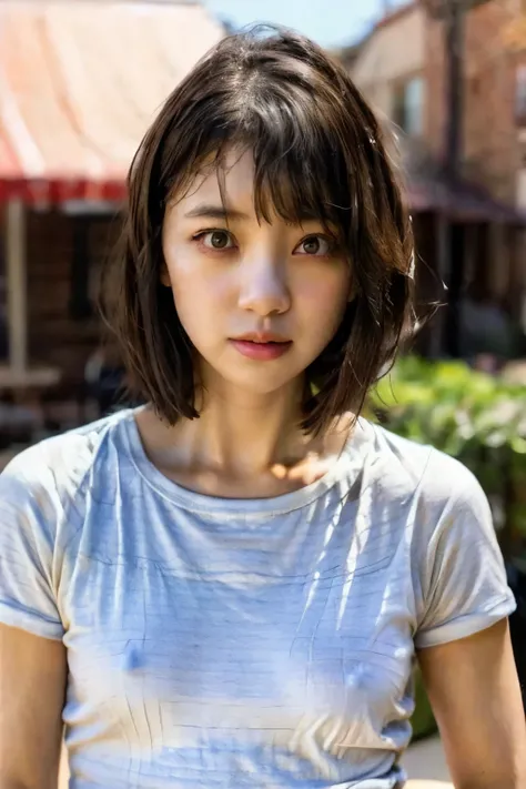 (realistic, photo-realistic:1.37), (master piece, best quality), high resolution, extremely detailed, intricate details, (sharp focus), (full body), solo, a Japanese young woman, (white t-shirt, shorts), (braless no bra, covered nipples:1.2), dark hair, (s...