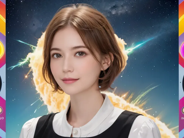 297 (20-year-old woman,short hair), (A kind smile), (colorful), (light vortex), (Fractal Glow), (Plasma Discharge), (Cumulonimbus)