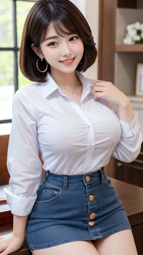 Anatomically correct five fingers　Cute Korean　Short Hair　Earrings　Button-down shirt　mini skirt　Big Breasts　The buttons on his shirt are about to burst　Plump thighs　Looking at the camera　smile　In the living room