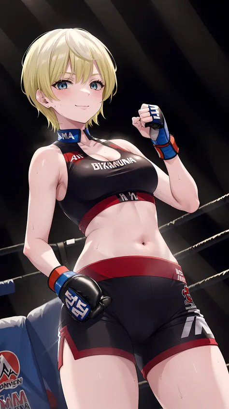 tenkaizumo, izumo, tenka, short hair, Blue eyes, blonde, (1girl, 1person), 8K, masterpiece, Highest quality, Detailed eyes, Detailed face, medium breast,(wearing MMA uniform:1.5, short spats, bare thigh, cleavage, small belly button, small navel, sleeveles...