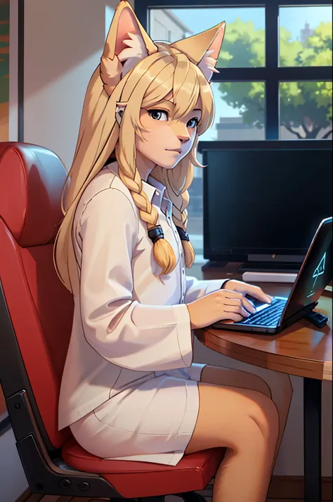 a picture of an anime blond cat with long blond hair sitting in front of a laptop computer, about 3 , professional picture, photo taken in 2 0 2 0, profile image, male, femboy, gay, 30 years old anthropomorphic cat, long blond hair, taken in the early 2020...