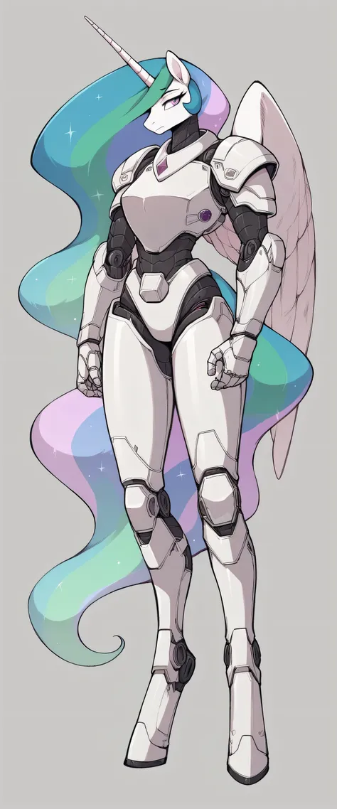 ((By antiander:1.5)), Full body image of a robot version of Princess Celestia, anthropomorphic mare, in white futuristic bodysuit, robotic anthro alicorn, pearlescent white bodysuit, streamlined white armor, sleek bright white armor, rendered in sfm, sleek...