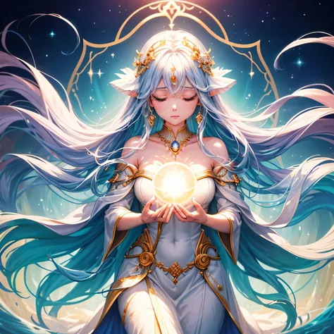 An ethereal goddess surrounded by soft glowing light, her serene face radiating wisdom and peace. She holds a glowing orb of light near her lips, symbolizing the power of words. Her flowing hair and robes blend into the background of soft pastel colors, gi...