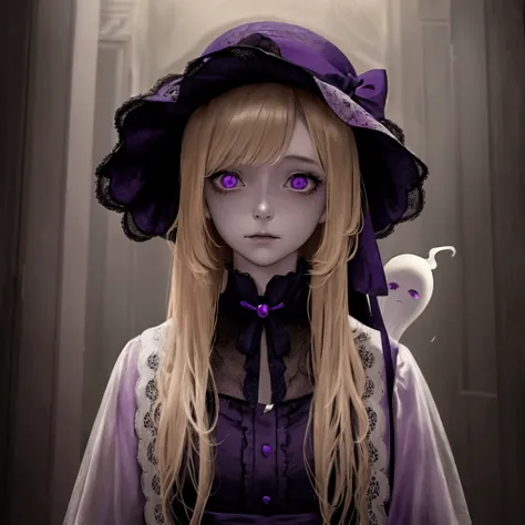 Woman, ghost, lost soul, creepy, creepy girl, night, looks at the viewer, Blonde hair, closed mouth, purple eyes, Cowboy shoot,masterpiece, Accuracy, Best quality, solo, 1 girl, High resolution, 