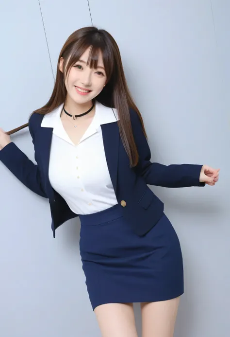 Score_9, Score_8, Score_8upScore_7, Best Quality、masterpiece、((live-action, photograph)), ((Layered Cut)), (White tight shirt、Navy Blazer、mini skirt)), Slender body, Slim face、(8k,Best Quality),Shooting from close up, Adorable, smile, Happy expression, Str...