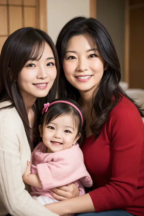 Two smiling Asian women, mother and daughter, close together indoors. Both have long dark hair. Warm lighting. The daughter on the left is 54 years old, the mother on the right is 76 years old. They look very youthful for their ages. Red Japanese text over...