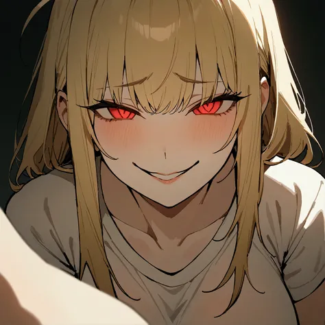 (masterpiece:1.2, The best quality), 1 woman, The whole body, t-shirt, casual, big breasts,long yellow hair , Minimalist makeup,pale,natural fabrics, Close-up of the face, evil smile, bright red eyes circular pupils,8k high resolution, detailed lines, ((to...