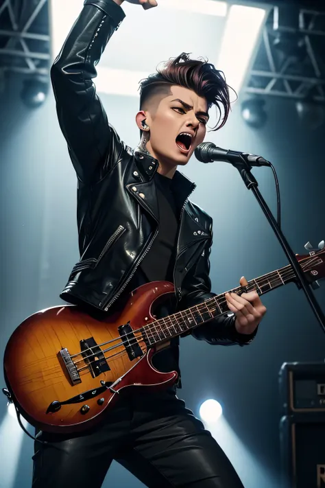 ((Best Quality)), ((masterpiece)), (detailed),Realistic,No background,One Man,Band member,bassist/vocalist,Intense and passionate,Hard Rock Style,Screaming with mouth wide open,Sharp Eye,Wearing a biker jacket,Wearing trousers,Hair style: pompadour,His hai...