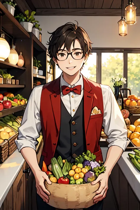 young man holding basket of vegetables, smiling, wearing red vest