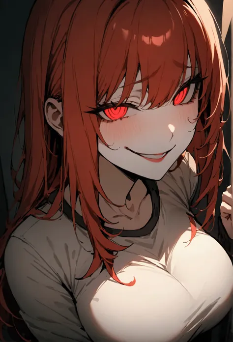 (masterpiece:1.2, The best quality), 1 woman, The whole body, fitted shirt, casual, big breasts,by the wide black, Minimalist makeup,pale,natural fabrics, Close-up of the face, evil smile, bright red eyes circular pupils,8k high resolution, detailed lines,...