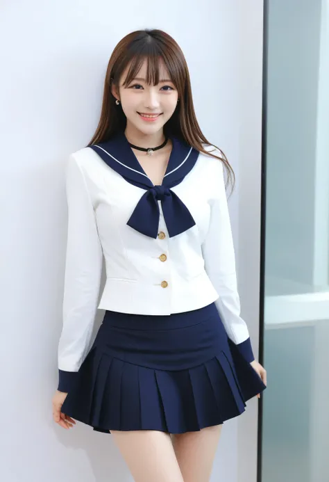 Score_9, Score_8, Score_8upScore_7, Best Quality、masterpiece、((live-action, photograph)), ((Layered Cut)), (White tight shirt、Navy Blazer、mini skirt)), Slender body, Slim face、(8k,Best Quality),Shooting from close up, Adorable, smile, Happy expression, Str...