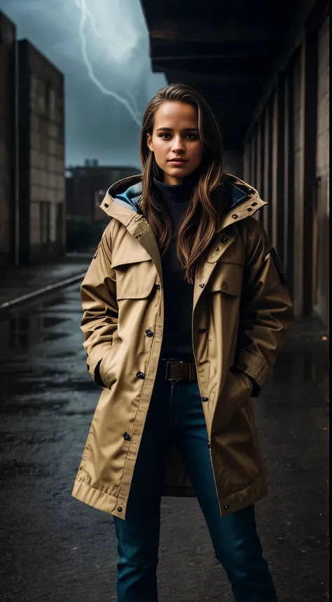 Foto hiperrealista en primer plano de Alicia Vikander, masterpiece, best quality, (photorealistic:1.4), full body, (wearing a storm coat, Tenshi Streetwear, storm trousers:1.2),  abandoned factory, cinematic light, beautiful woman, skinny, medium breasts, ...