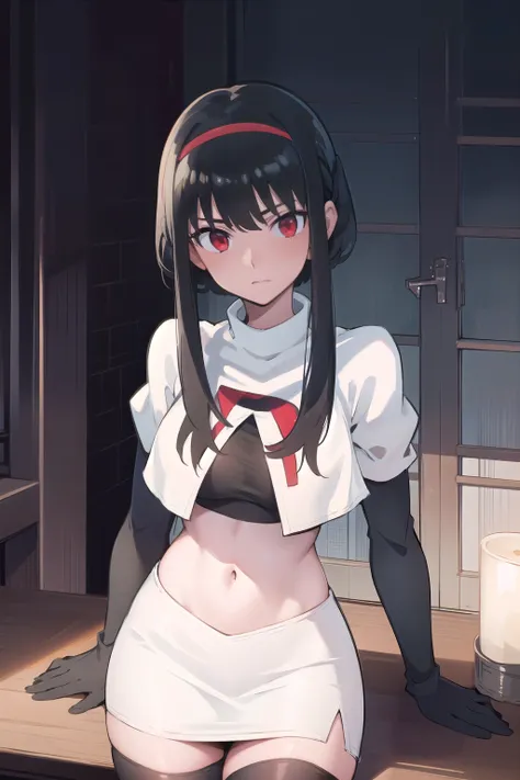 yor, 1girl, black hair, red eyes, black hair, short hair, short hair with long locks, bangs, sidelocks, white hairband,team rocket,team rocket uniform,white skirt,red letter R,crop top,black thigh-highs,black elbow gloves,