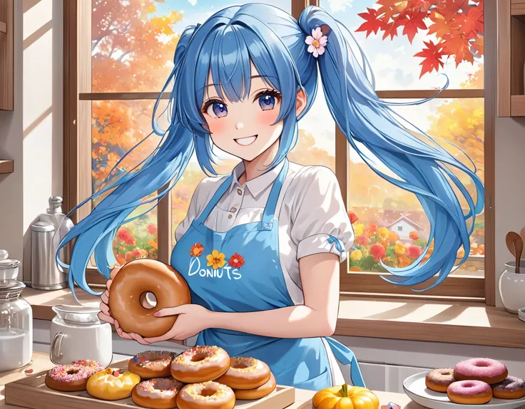 Light blue long hair、Beautiful girl with twin tails、Bright smile、Making donuts with cute chibi characters in a bright, sunny kitchen、Wearing an apron、Outside the window is a landscape of autumn leaves、Cosmos flowers are displayed on the windowsill