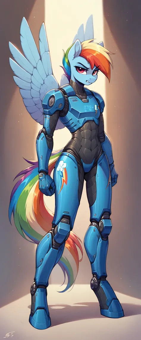 ((By antiander:1.5)), Full body image of a robot version of Rainbow dash, anthropomorphic mare, in cobalt futuristic bodysuit, robotic anthro pegasus, streamlined cobalt armor, sleek bright blue armor, rendered in sfm, 