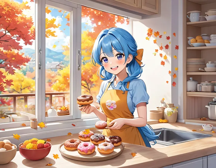 Light blue long hair、Twin-tailed Mom、Bright smile、Making donuts with cute chibi characters in a bright, sunny kitchen、Wearing an apron、Outside the window is a landscape of autumn leaves、Cosmos flowers are displayed on the windowsill