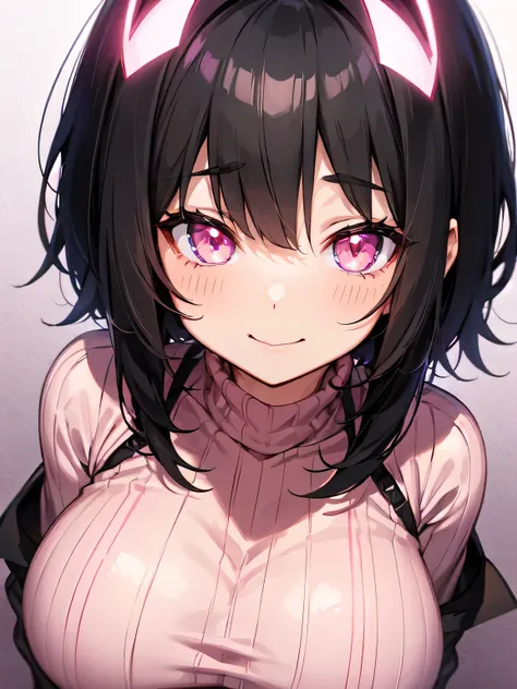 Short black hair、（Glowing pink eyes）、30th Generation、Mouth closed、smile、Yandere、tall:2.1、Big Breasts、Anime Style、Knitted sweater