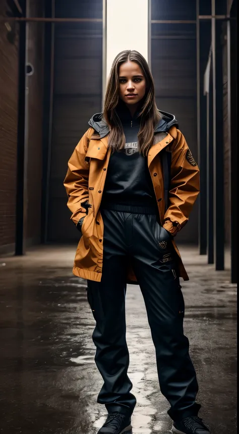 Foto hiperrealista en primer plano de Alicia Vikander, masterpiece, best quality, (photorealistic:1.4), full body, (wearing a storm coat, Tenshi Streetwear, storm trousers:1.2),  abandoned factory, cinematic light, beautiful woman, skinny, medium breasts, ...