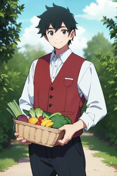 cool young man holding basket of vegetables, smiling, wearing red vest