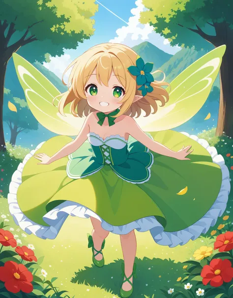 1girl, solo, blonde, green eyes, bright smile, strapless dress, green footwear, fairy wings, outdoors, flower, hair flower, giant flowers, 