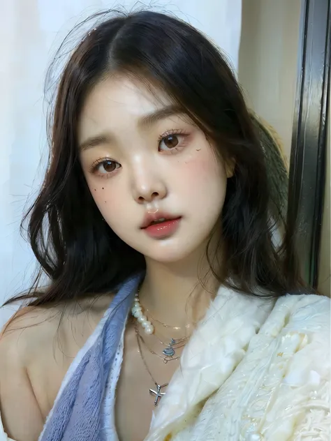 a close up of a woman with a necklace and a sweater, blackpink jennie, young adorable korean face, gorgeous young korean woman, south east asian with round face, ulzzang, with round face, young cute wan asian face, beautiful young korean woman, beautiful s...