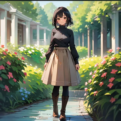 (high quality, High resolution, Very detailed, reality:1.37), Peaceful atmosphere, (Outdoor, garden), Teenage girl standing alone, (My breasts are large.), Beautiful details, Cute Smile, (Black bob hair), Ribbed sweater,Brown skirt, Black tights, Brown boo...